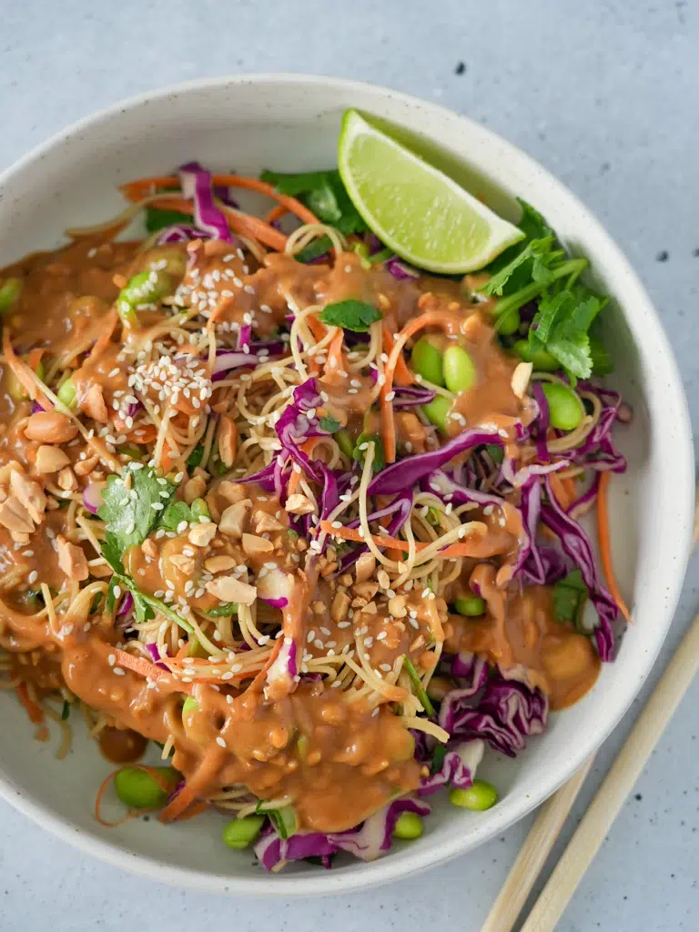 Close-up of Cold Sesame Peanut Pasta Salad in a bowl