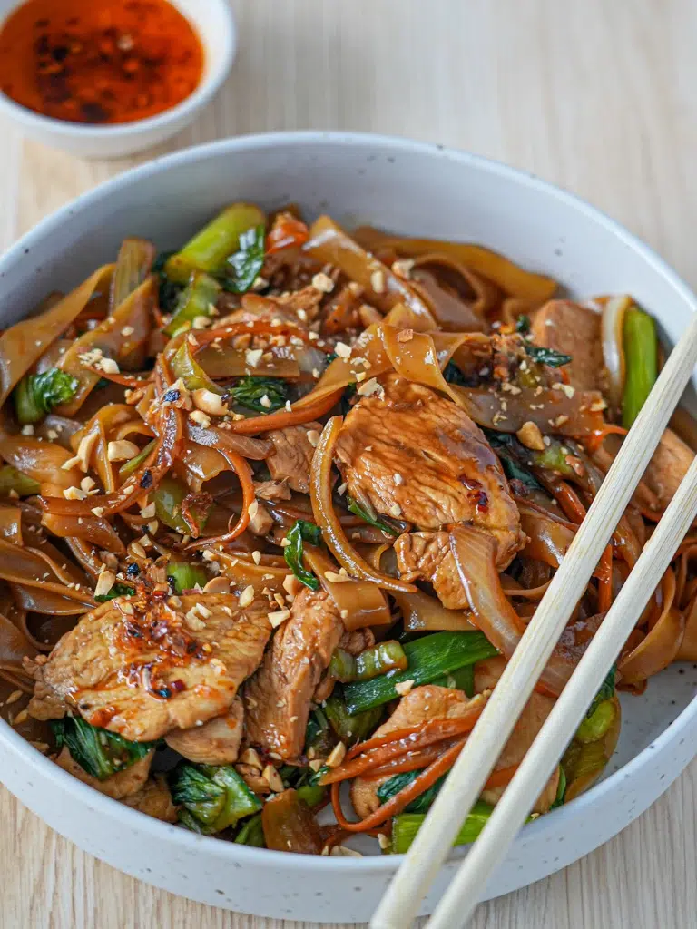 A bowl of Drunken Noodles with chopsticks resting on top