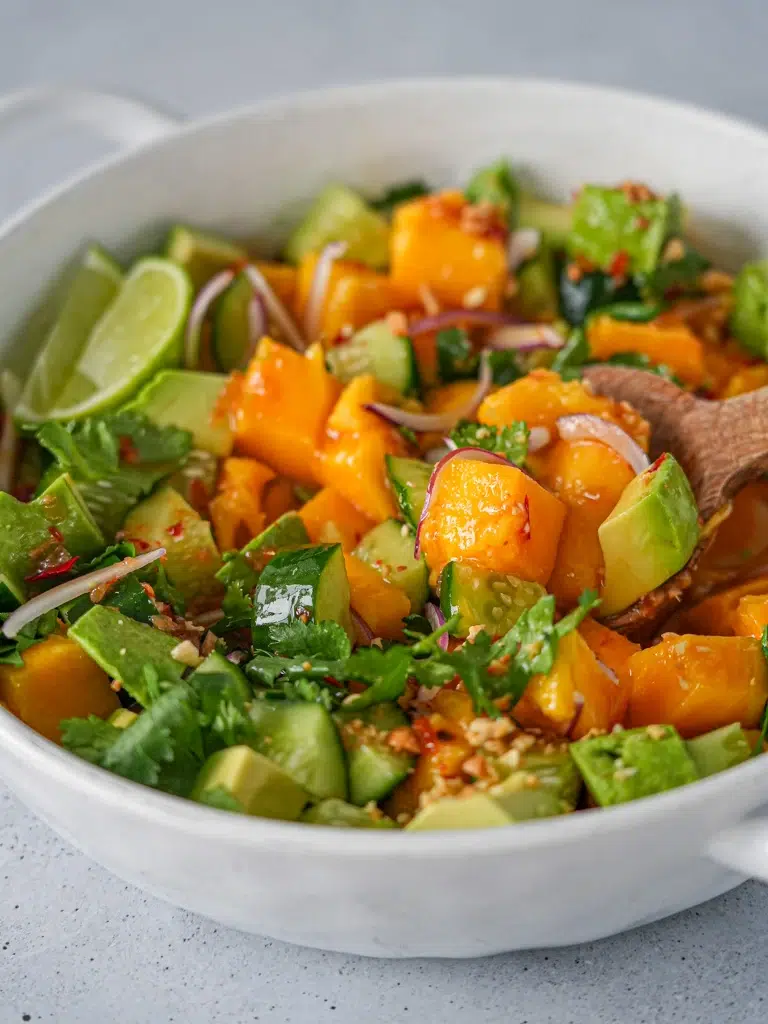 Mango Salad with Sweet Chilli Lime Dressing in a bowl.