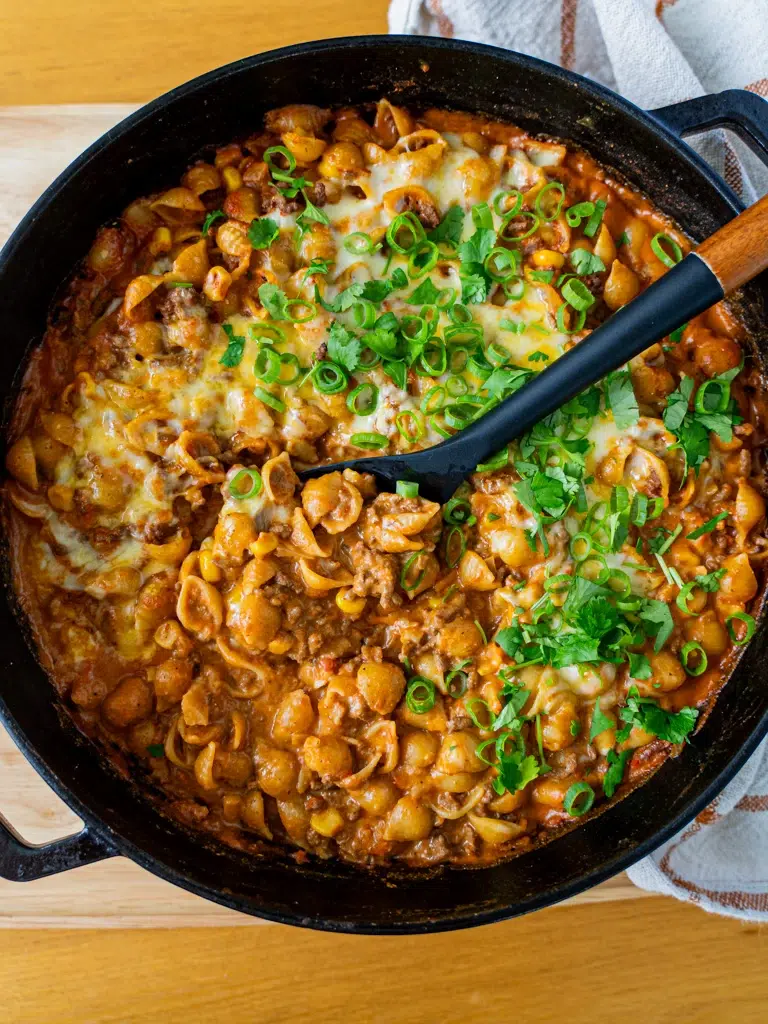 Top view of one-pan taco mac and cheese.