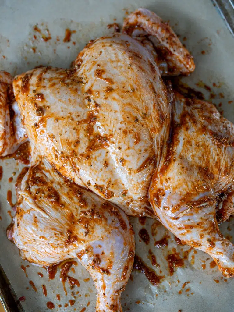 Marinated Portuguese chicken in a dish